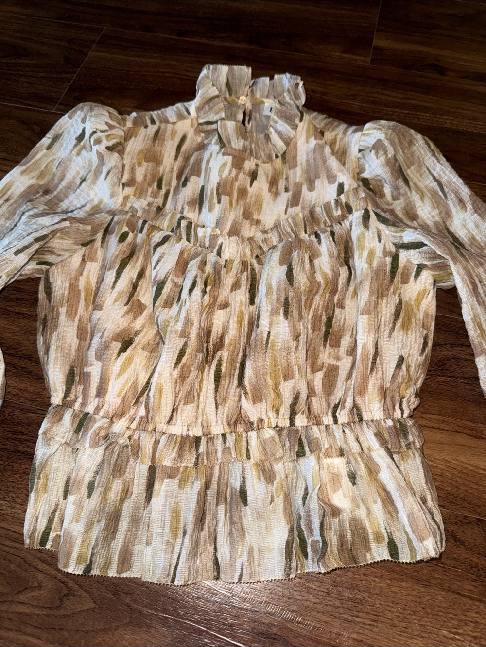 En Saison Cream, Olive & Beige Smocked Ruffle Blouse - Picture 2 of 5